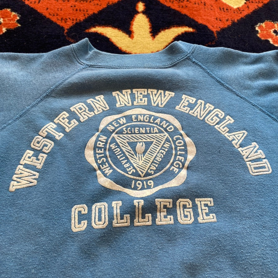 60s Champion Running Man Western New England College flocked print crewneck